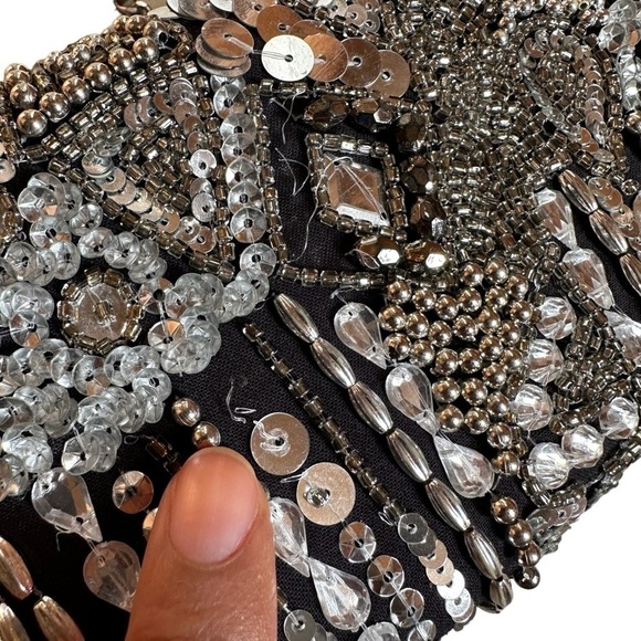 Vintage black silver embellished sequin beaded clutch w/ chain evening bag - Picture 7 of 9
